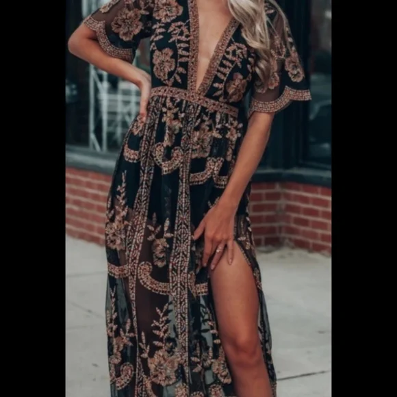 Sexy boho black multi deep v-neck floral lace embroidered maxi romper dress - Picture 2 of 6